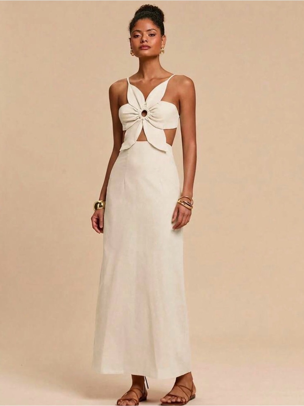 Sleeveless Cream Maxi Dress with Knot Front Detail